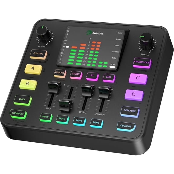 Pupgsis Gaming Audio Mixer & Mono Sound Card for PC, TRS Mic Input, Preamp, Noise Reduction, RGB Light for Live Streaming & Podcast