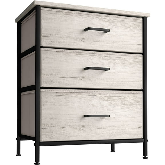 DJDG Nightstand Dresser with 3 Faux Wood Drawers - Bedside Table Chest with Storage, Steel Frame, Wood Top, Easy Pull Fabric Bins for Bedroom, Living Room, Closet & Dorm Furniture Lamp Stand