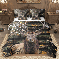 Manfei Hunting Deer Twin Bedding Sets 7pcs, Retro American Flag Bedding Comforter Set, Wild Animal Sheet Sets, Super Cozy Room Decor