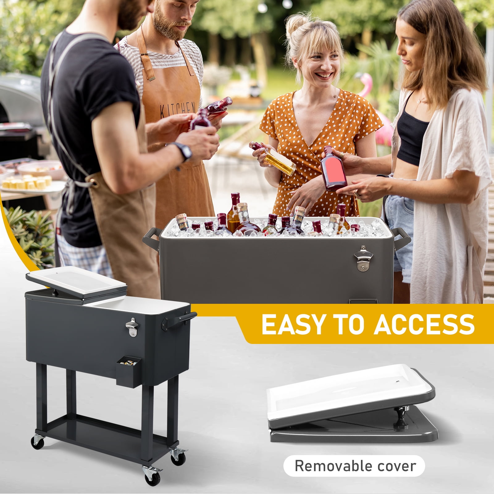 80Qt Rectangular Plastic Box Iron Foot Tube Refrigeration and Insulation Cart, Dark Grey, 87.5*91*38.5cm