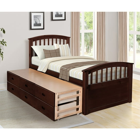 Topcobe Solid Wood Twin Size Bed with Storage, Platform Bed with 6 Drawers, Espresso