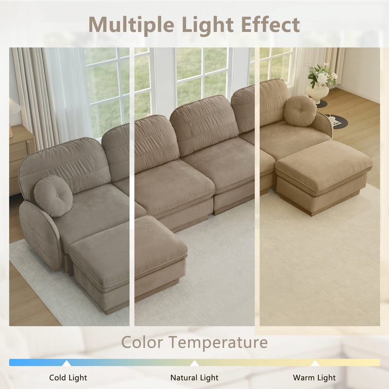 Chenille Modular Sofa with Ottoman, 2-Seater Deep Seat Cloud Couch, Convertible Sectional Sofa with Quilted Cushions & Round Pillows, Modern Sofa for Living Room, Apartment,Coffee