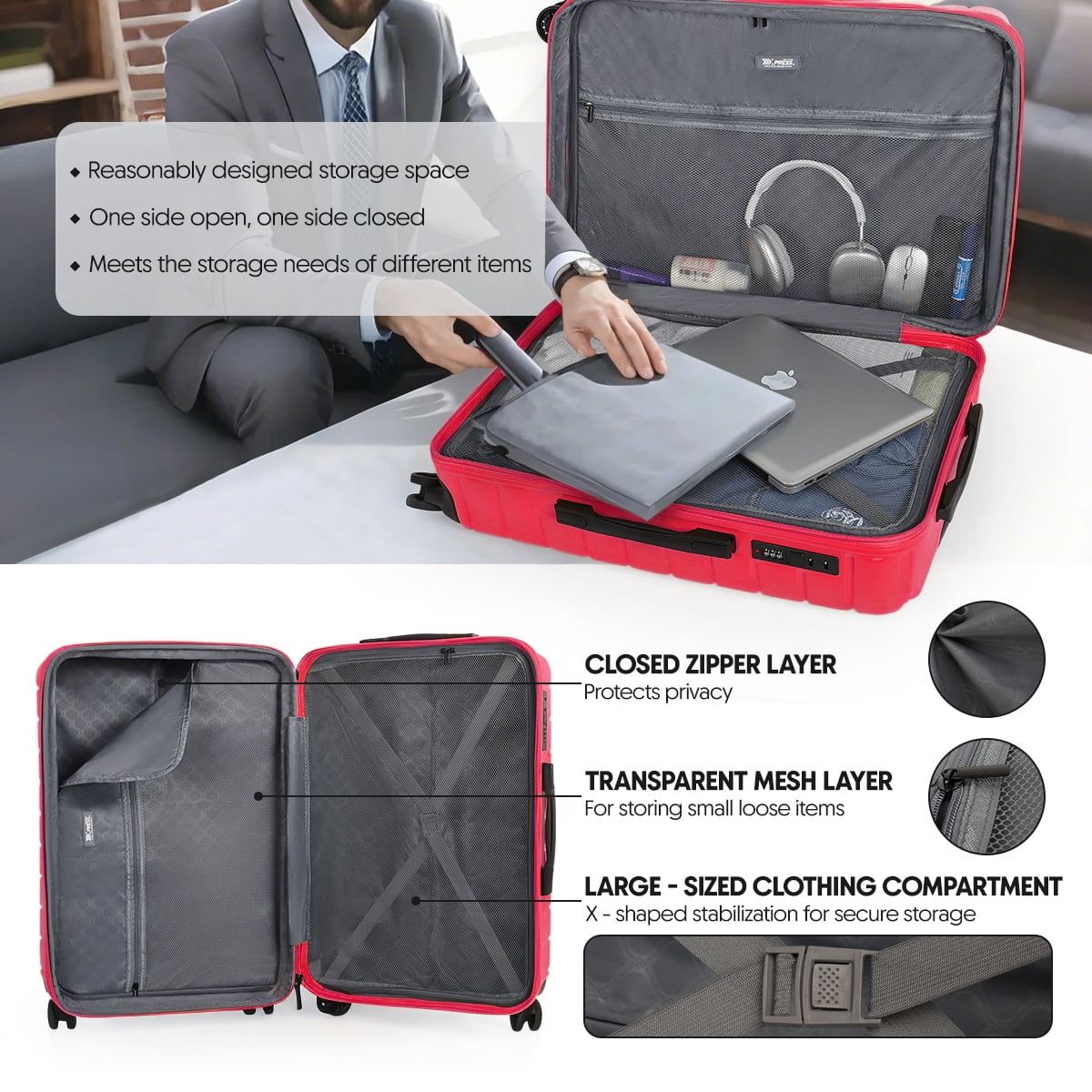 20 Inch Carry on Luggage for Airplane Lightweight Expandable Hardshell Suitcsae with Spinner Wheels and TSA Lock, Red, LA13601