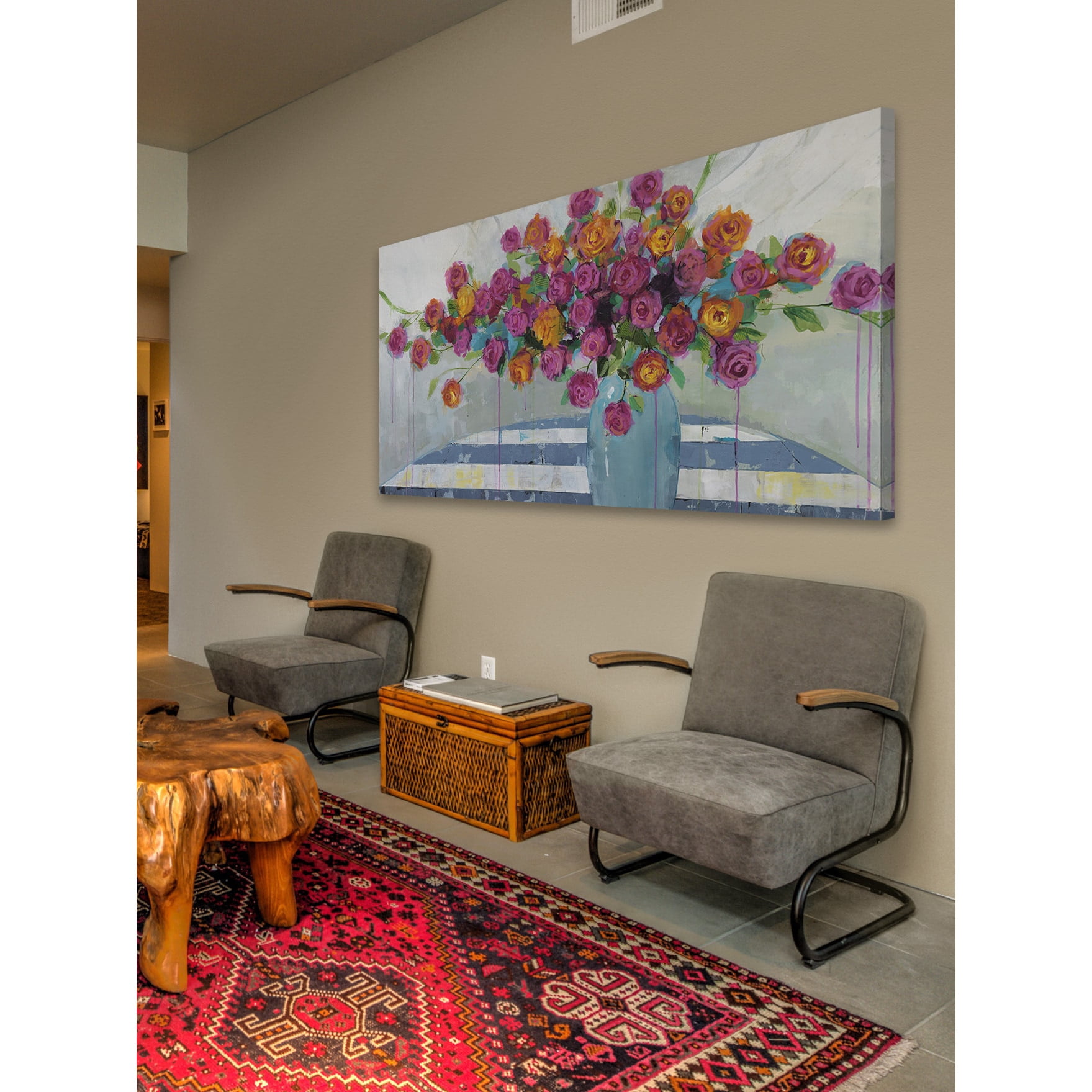 MARMONT HILL  - 'Stripes and Blooms' by Julie Joy Painting Print on Wrapped Canvas - Purple 36 x 18