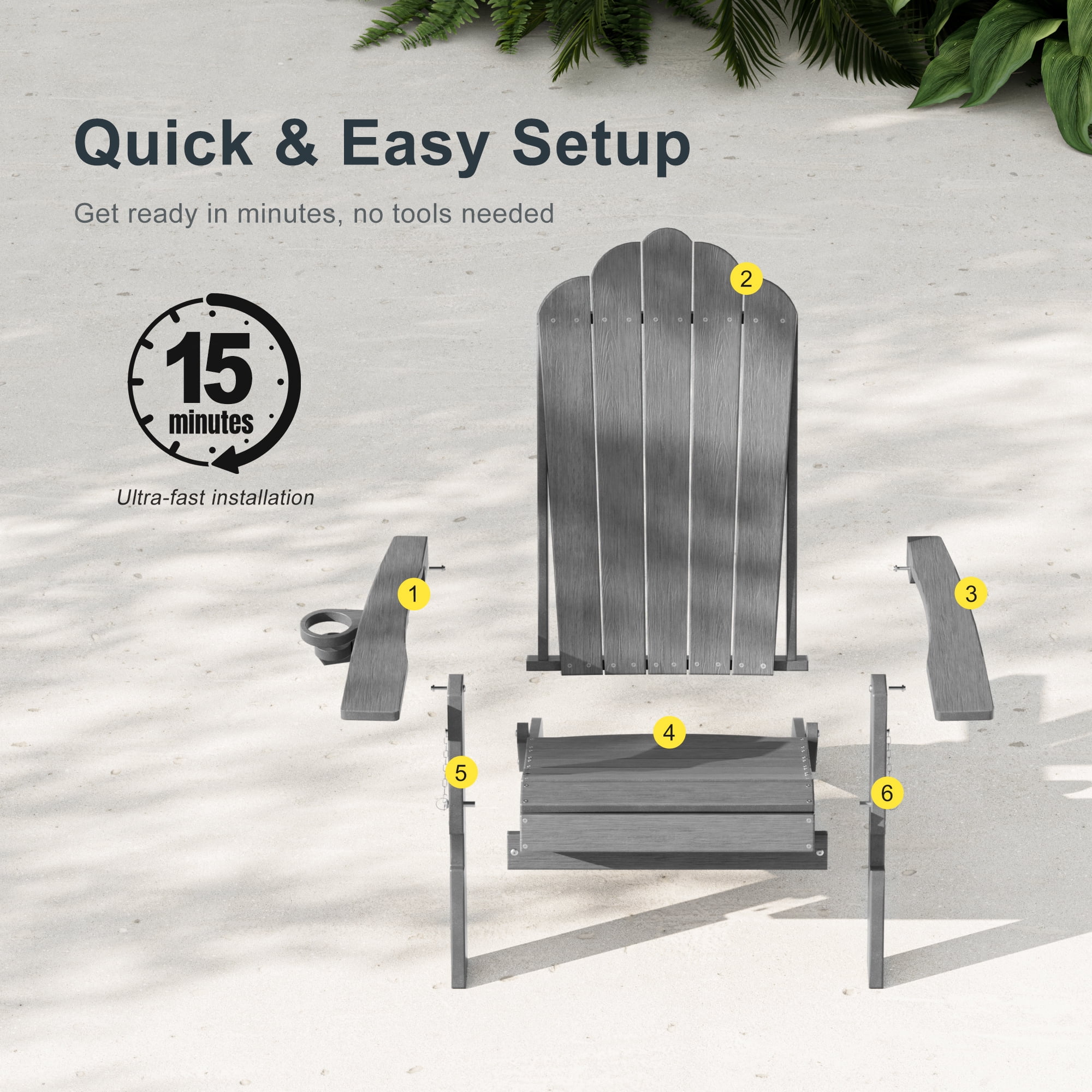 ACEGOSES Foldable Outdoor Adirondack Chair Set of 4 with Cup Holder,Weather Resistant HDPE Plastic for Patio, Fire Pit, Deck, Gray
