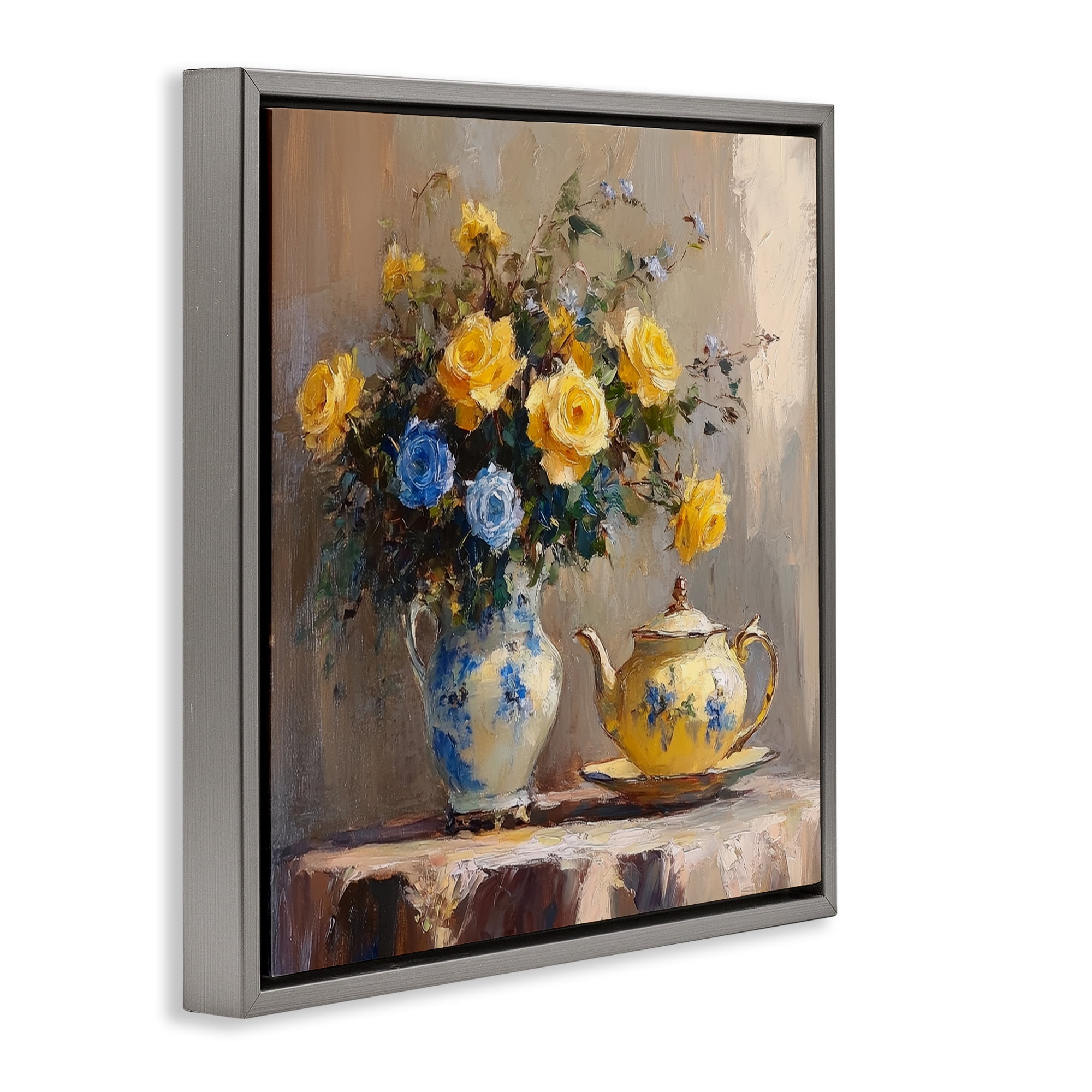 Stupell Industries Tea Time Blue & Yellow Bouquet Gray Framed Floater Canvas Wall Art, design by Petal Prints Design