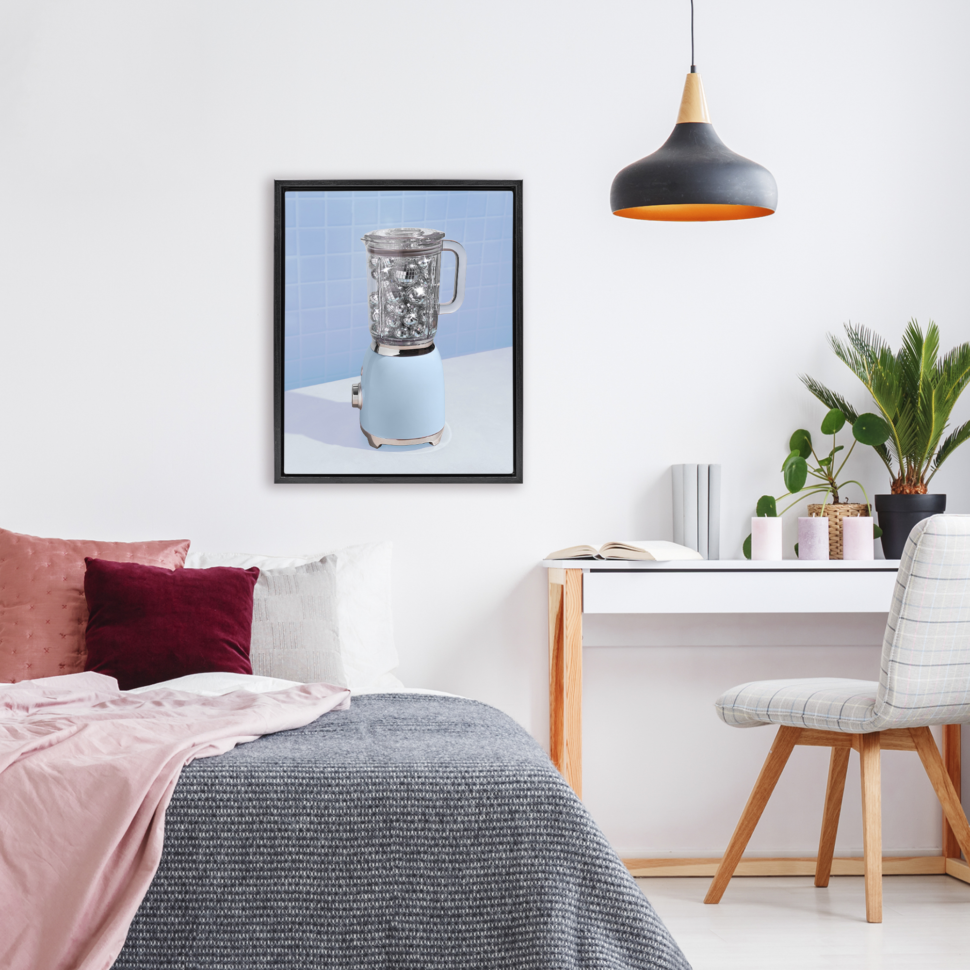 Blue Retro Disco Blender Black Framed Floater Canvas Wall Art, design by LISH Creative