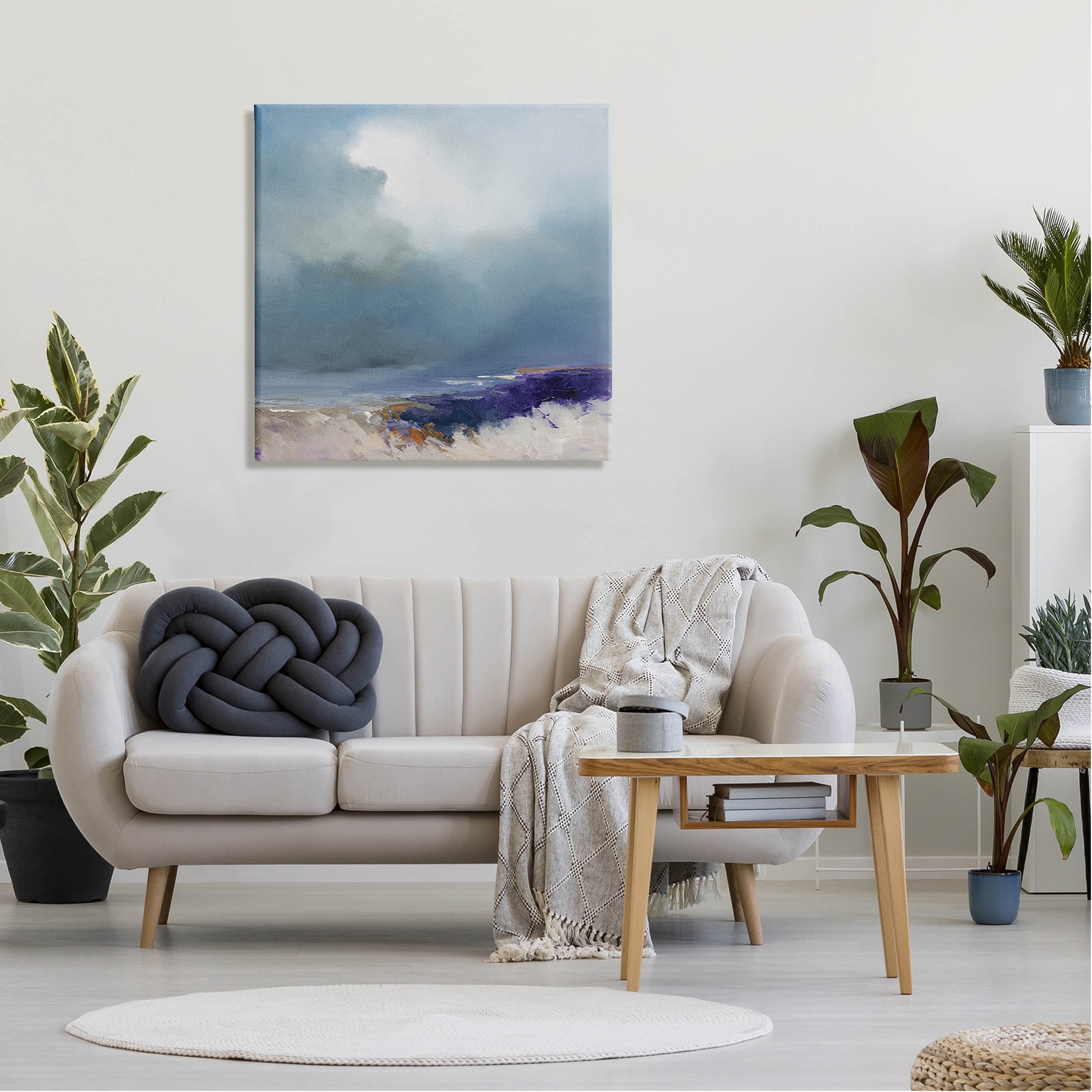 Overcast Ocean Splashing Waves Abstract Painting Gallery Wrapped Canvas Print Wall Art