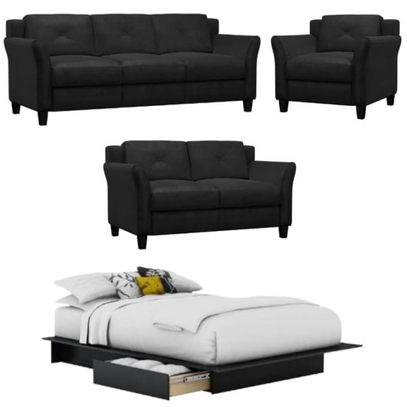 Home Square 4-Piece Set with Chair & Loveseat & Sofa & Platform Bed in Black