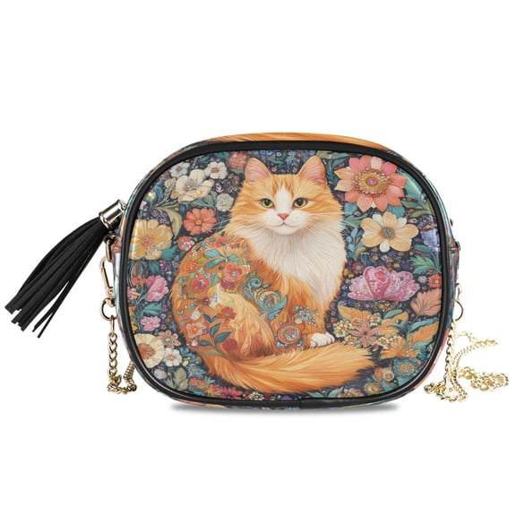 Womens Casual Chain Shoulder Bag Simple style Orange Cat with Colorful Flowers Crossbody Bag