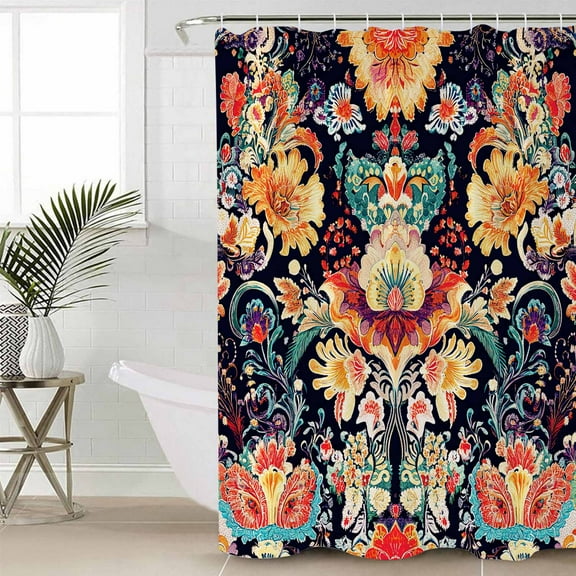 Boho Flowers Bathroom Curtain 78 Inch Shower Curtain with Hooks, Tribal Bohemian Colorful Traditional Floral Waterproof Polyester Bath Curtain Washable Bathtub Curtain 54''x 78''