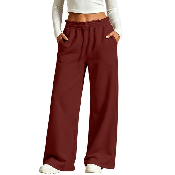 Qingpeng Womens Casual Solid Color Wide Leg Sweatpants Elastic Ruffled Waist Loose Sports Trousers with Side Pockets