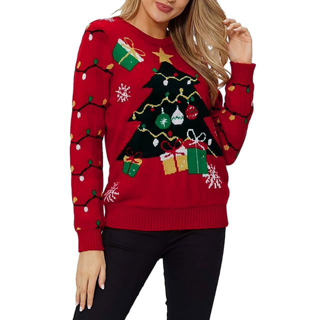HNMKIU Chandail à Col Rond pour Femmes Automne Hiver Thème de Noël chandail Tricoté Haut Décontracté Tenue Festive z9107-Rouge,m