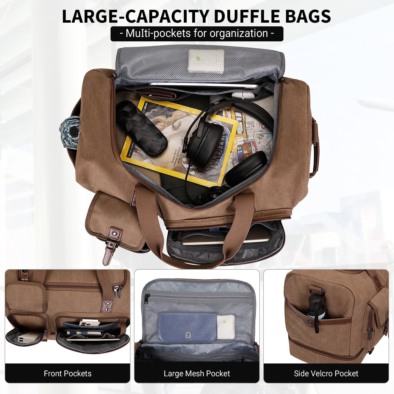 WITZMAN Canvas Weekender Bag Mens Overnight Bag for Traveling Carry on Duffle Bags with Shoes Compartment(A8010 Brown)