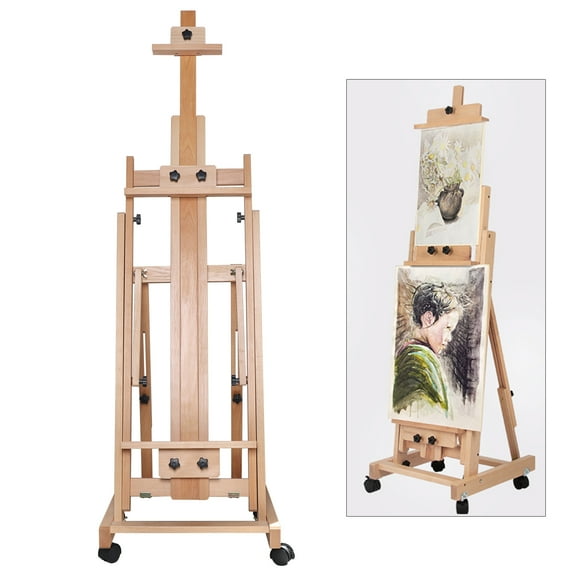 Miumaeov Thicken Solid Red Beech Wood Easel, Deluxe Movable H-Frame Studio Easel, Height Adjustable Vertical and Horizontal Folding Sketch Easel Moisture-Proof and Sun-Proof