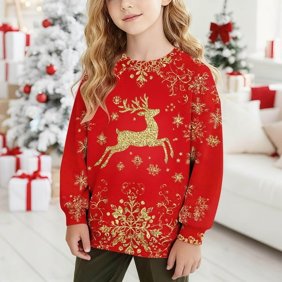 Tdoqot Girls Christmas Sweatshirts- Crewneck Pullover Long Sleeve Cute Kids Festive Shirts Red Size 8
