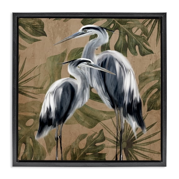 Stupell Industries Coastal Two Herons over Tropical Leaves Black Floating Frame Canvas Art, 18 x 18, by Kim Allen
