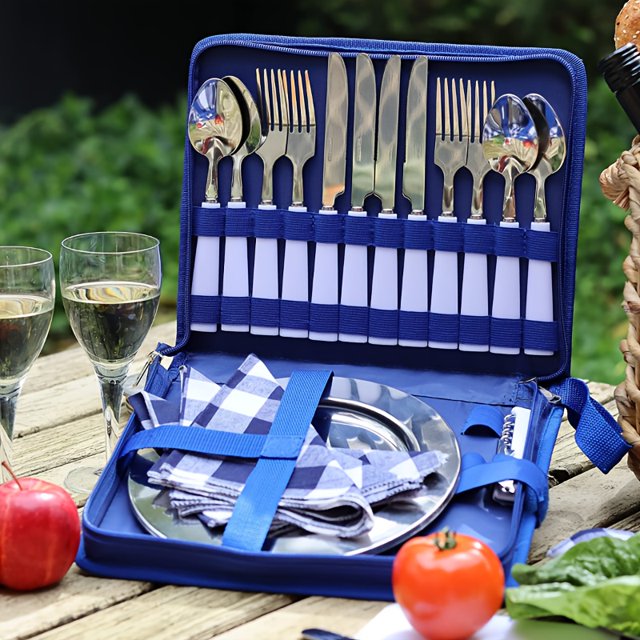 Outdoor Camping Tableware 23-piece Set With Storage Case, Portable Stainless Steel Plates, Knives, Forks, Spoons