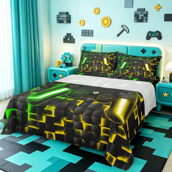 Manfei Gaming Twin Sheet Sets,Geometric Grid Twin Fitted Sheet,Gradent Green Yellow Flat Sheet For Boy,Microfiber Room Decor,3 Pieces