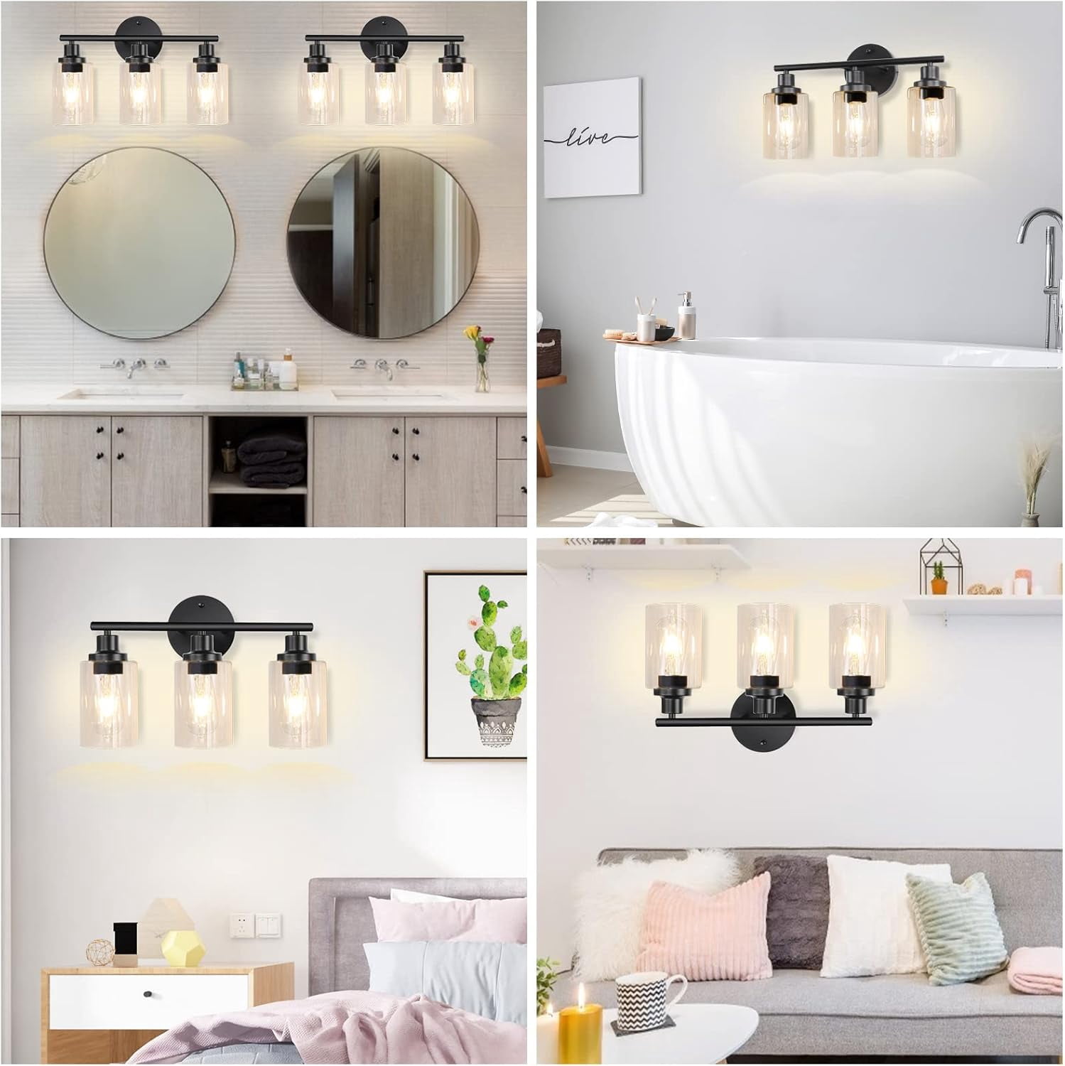 Behome 3-Light Bathroom Light Fixtures, 16.93" Black Modern Vanity Lights with Clear Glass Shade, Bathroom Wall Lamp for Mirror Kitchen Living Room Hallway Cabinet Porch, E26 Base, Bulbs Not Included