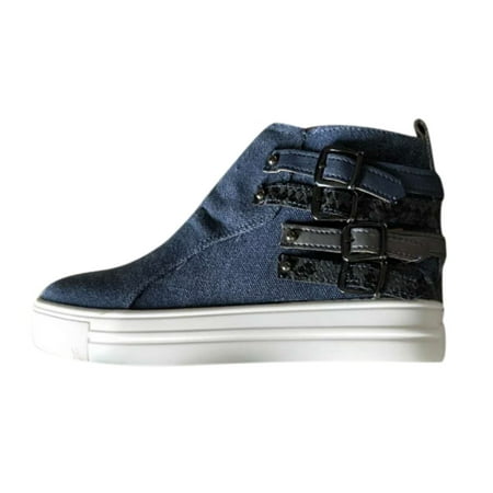

GNEIKDEING New European And American Autumn Casual Belt Buckle Side Zipper Denim Single Shoes Canvas Shoes Gift on Clearance