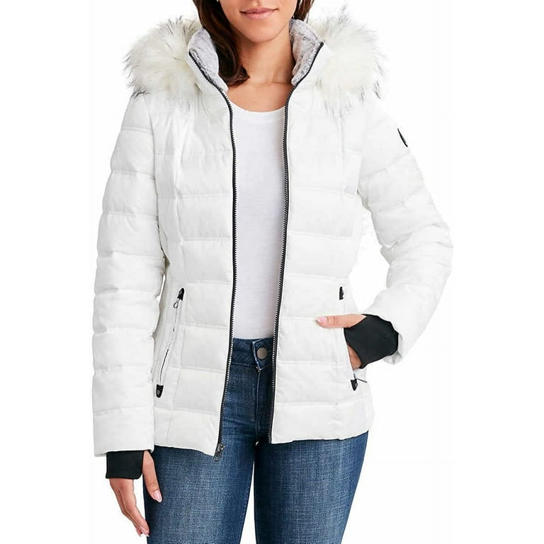 White faux fur sales trim hooded puffer jacket