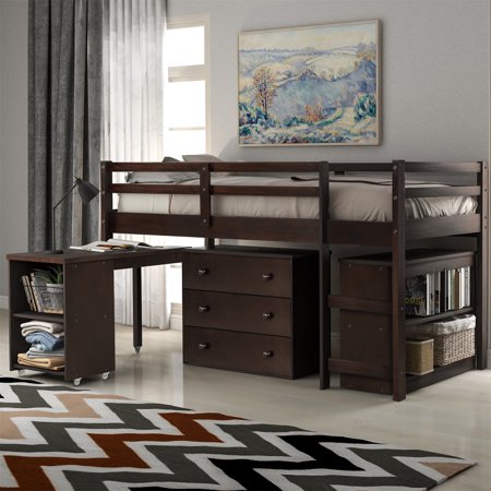 Espresso Twin Loft Bed with Rolling Portable Desk and Cabinet  Pinewood Low Loft Bed Frame with 3 Drawers & Full-Length Guardrails for Kids Teens