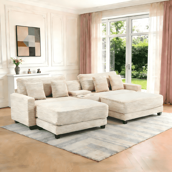 LOYALICE Sectional Sofa with 2 Ottomans, 111.8" U-Shaped Modern Modular Couch, Oversized Corduroy 4 Seat Sofa with Storage Box, USB & TYPE C Port and Two Cup Holders for Living Room, Beige