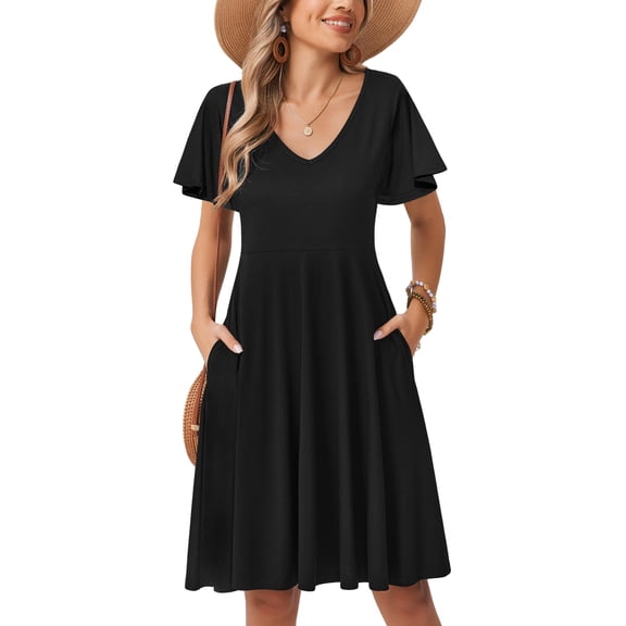 Zeagoo Women Sundress Summer 2025 Casual V Neck Mini Swing Dresses Loose Floral Print Swing Ruffle Short Sleeve Dress for Beach 2025 Tshirt Dress Vacation Beach Party