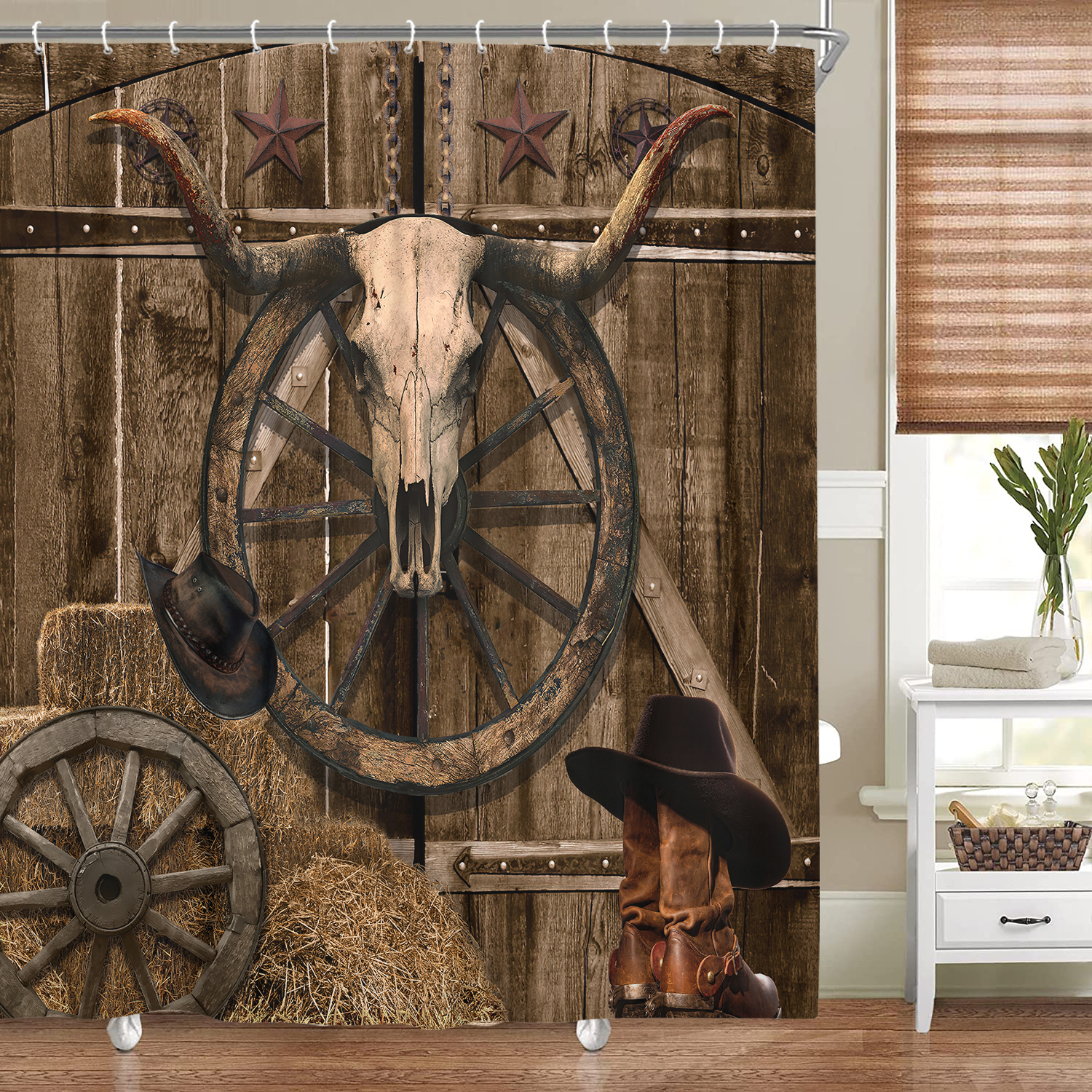 Western Cowboy Shower Curtain, Western Southwest Texas Rustic Farmhouse Barn Door Fabric Shower Curtains Set for Bathroom, Retro Country Restroom Decor Accessories with Hooks 72X 72 inch
