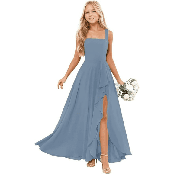 Junior Bridesmaid Dresses for Girls Formal Dress with Spaghetti Straps High Slit Skirt Elegant Teen Dresses Perfect for Weddings Parties