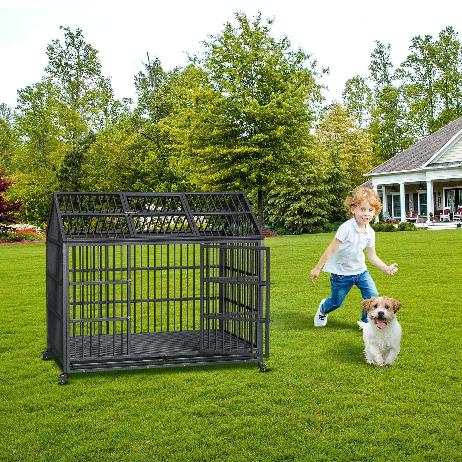 Soonbuy 42/48/52 Inch Metal Dog Crate, Indoor Dog Kennel with Lockable Wheels and Removable Tray,Indestructible Escape-Proof Dog Cage for 2 Small Dogs/1 Large Dog
