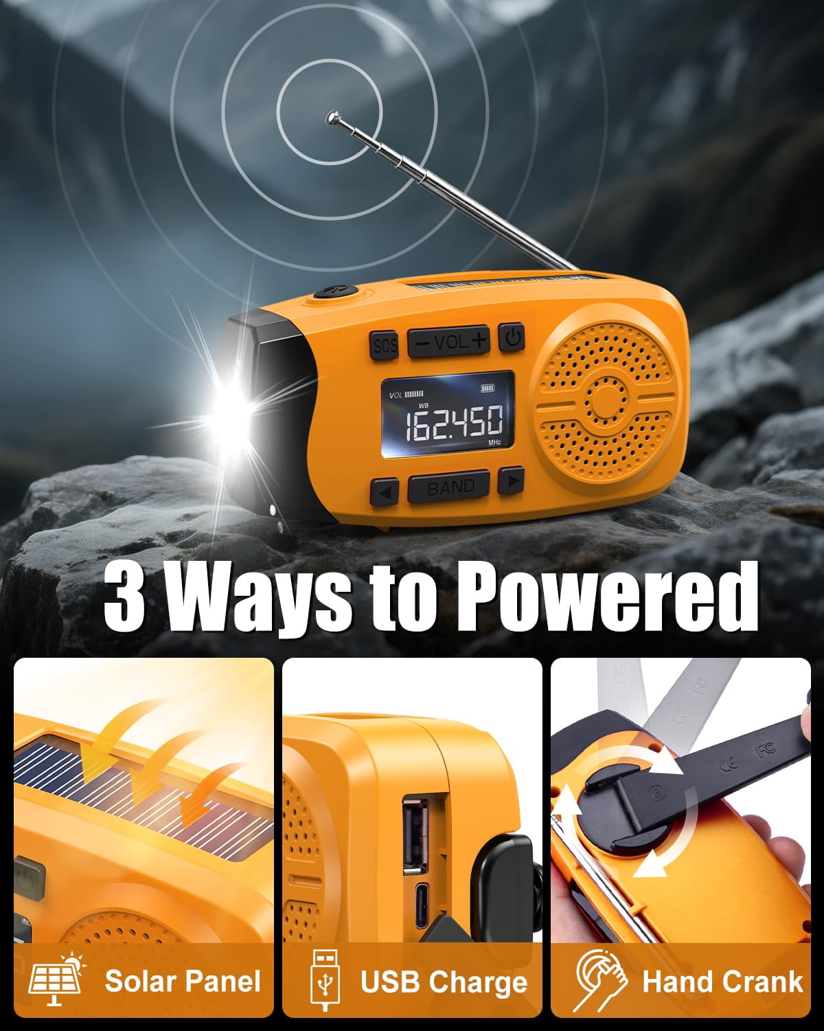 Emergency Weather Radio  7400mwh Hand Crank With Lcd Display Support Alert Usb/solar/hand 1w Flashlight&sos Alarm For Outdoor&home (orange)
