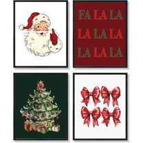 Hieng Falalala Christmas Decorations, Christmas Wall Art Prints Set of 4, Vintage Santa Christmas Tree Posters Wall Art Decor for Reading Room Bedroom, Red & Green Unframed