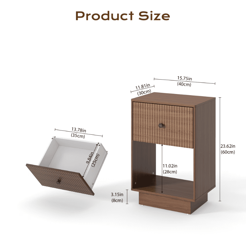 Fluted Nightstand Set of 2, Mid Century Bedside Tables with Drawer & Storage, Small End Tables for Bedroom, Walnut