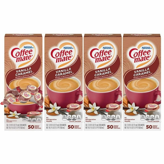 Nestle Coffee mateCoffee Creamer, Vanilla Caramel, Liquid Creamer Singles, Non Dairy, No Refrigeration, Box of 50 Singles (Pack of 4)