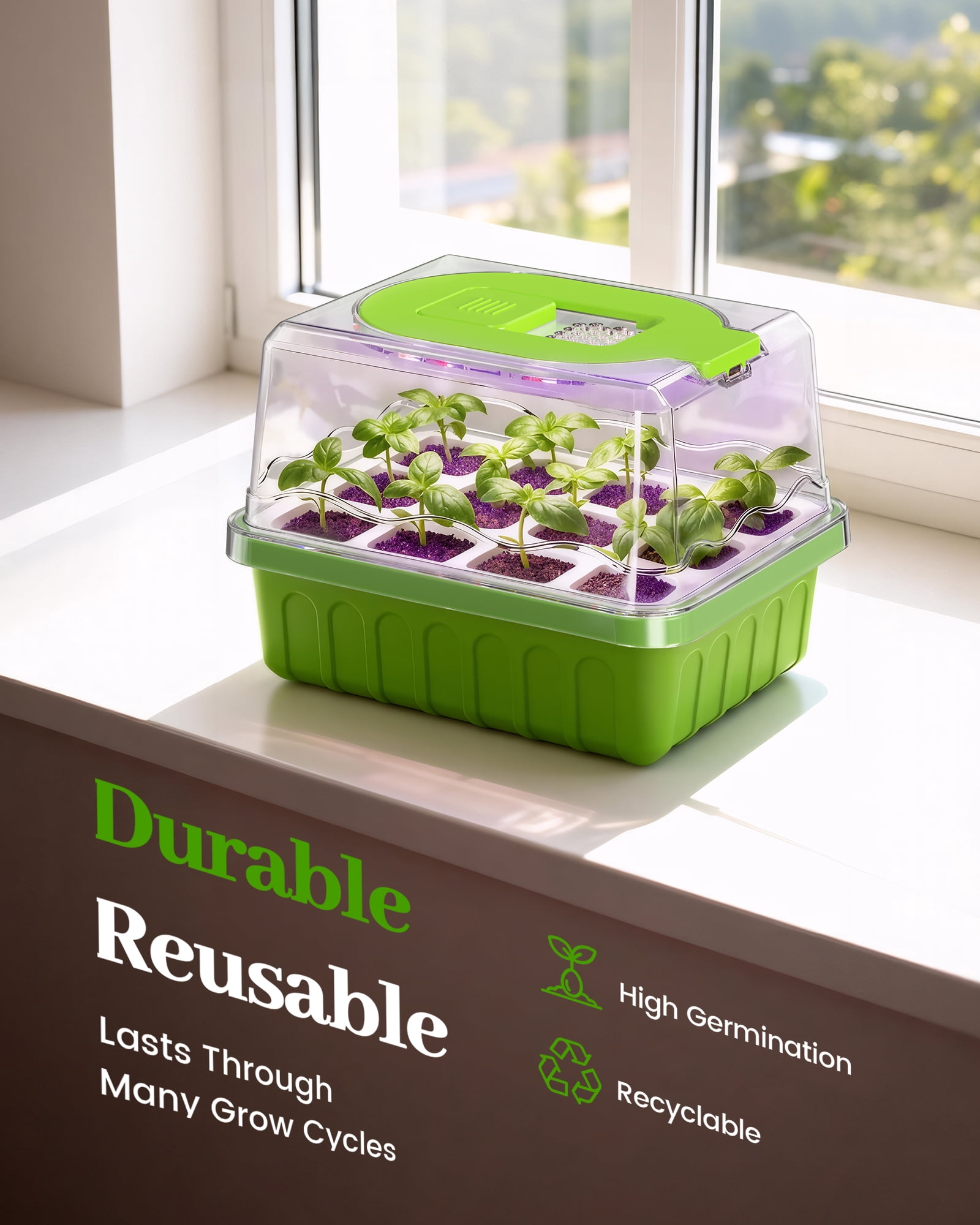 RainPoint 2PCS Seed Starting Tray with Grow Lights Humidity Dome – Reusable Germination Kit for Indoor Gardening, 12-Cell Plant Starter Tray with High-Transparency Cover & Easy Transplant Design