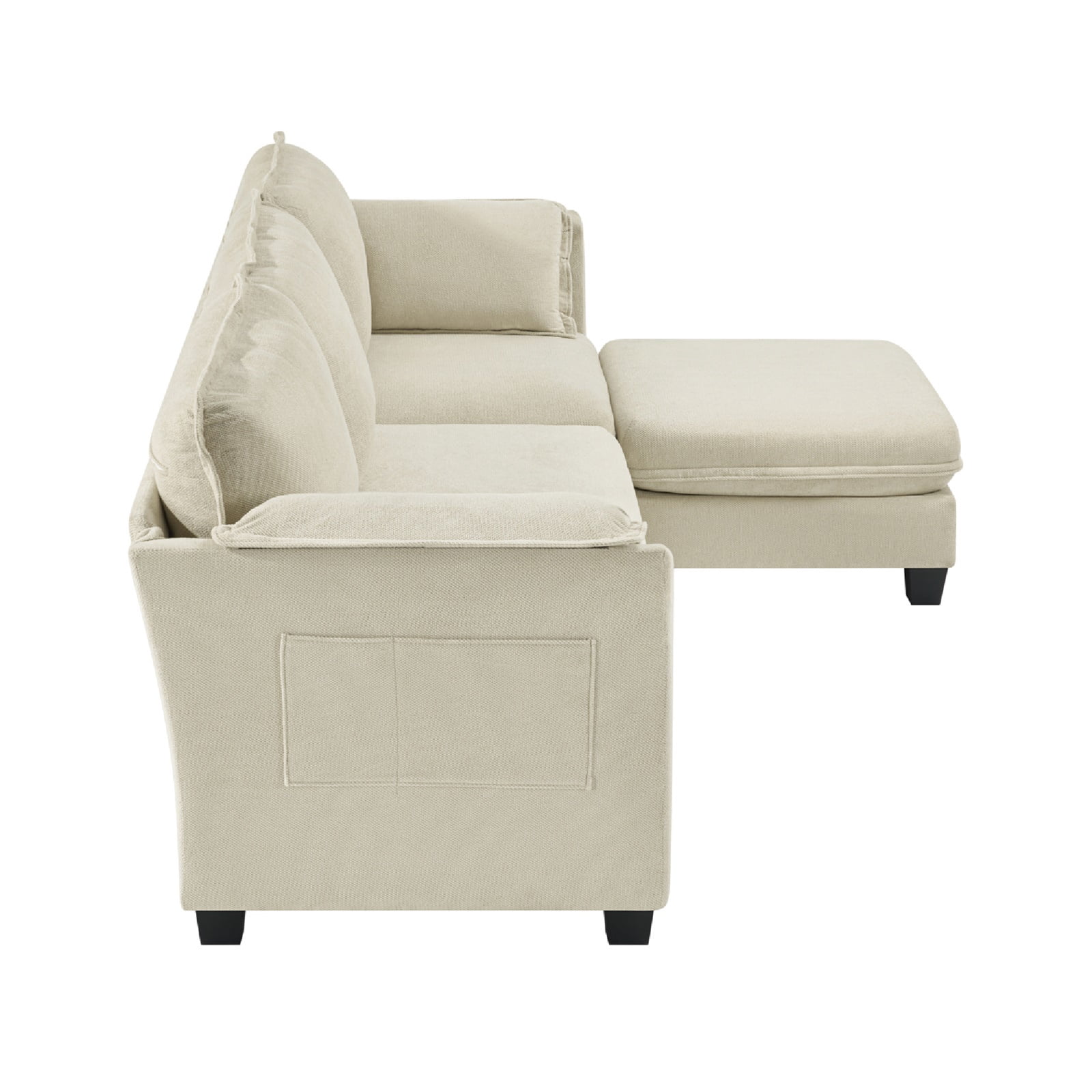 Hommoo 93-inch Cotton-Linen Velvet Texture L-shaped Sectional Sofa, 3 Seats Corner Sofa Set with Ottoman & Side Bag, Beige