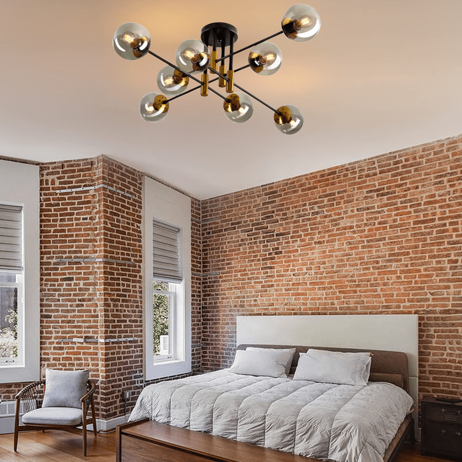 【Novelbright】Chandelier Mid-Century Modern Chandelier 8-Light, Black & Gold Flush Mount
