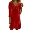 thumbnail image 2 of Women's Solid Color Three Quarter Sleeve Draped Neck Velvet Casual Dress for Home or Work, 2 of 8