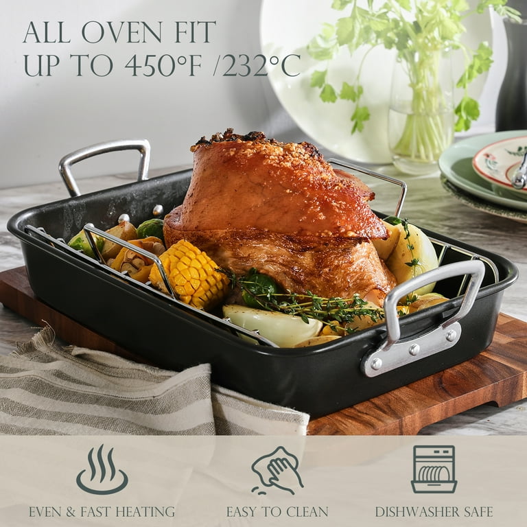 LIANYU Roasting Pan with Rack, 15 Inch Stainless Steel Turkey Roaster Pan  with V-Shaped Rack and Baking Rack, Heavy Duty Roaster Pot for Turkey