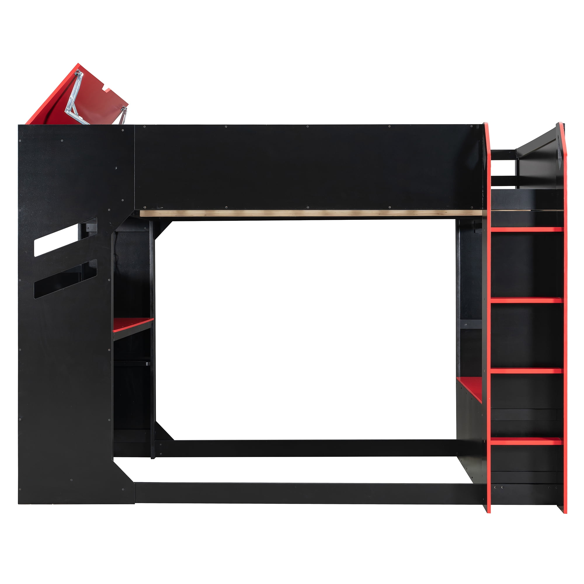 Aukfa Full Size Gamer Loft Bed with Adjustable Desk, RGB LED Lights, Drawers, Charging Station, Storage Compartments & Clothes Hanging Rod, Wooden Esports Bed, Red