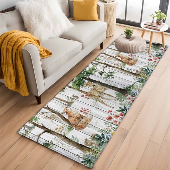 Spring Forest Animals 2'x6' Runner Rugs for Hallway Kitchen Bedside Non Slip Washable, Floral Botanical Trees Grey Wooden Entryway Rug Runners with Rubber Backing, Long Carpet Runner for Laundry Room