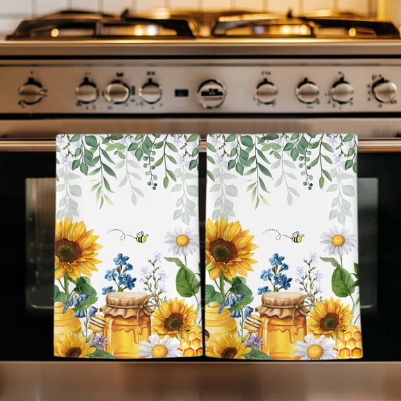 Eucalyptus Leaves Kitchen Towels Set of 2, Sunflowers Spring Watercolor Country Floral Bee Absorbent Dish Towels for Kitchen, Microfiber Hand Towel, Quick Drying Tea Towel Decorative Dishcloths