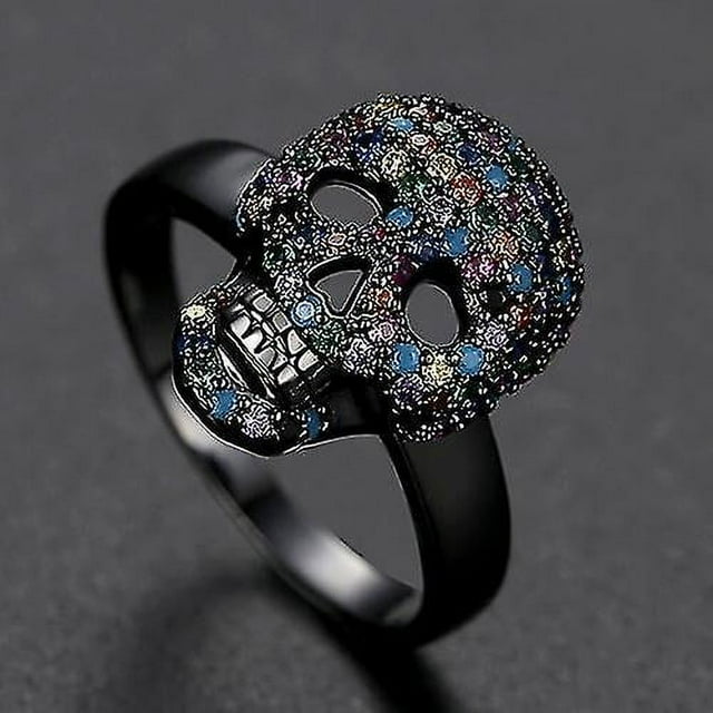Punk Colorful Cz Skeleton Devil Ring Black White Bling Zircon Skull Face Iced Rings For Men Fashio Biker Hip Hop Jewelry