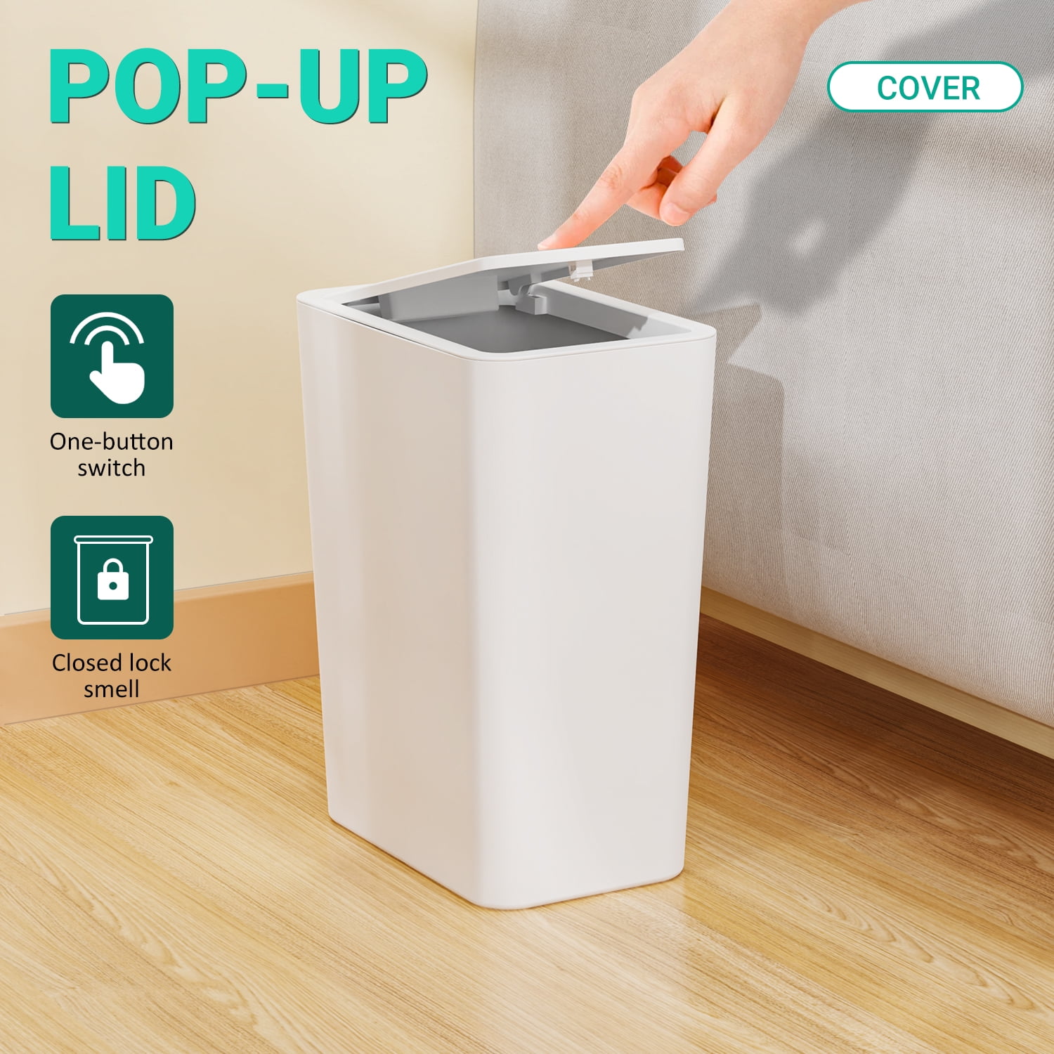TINANA Small Trash Can with Lid, 3 Pack 10L Plastic Trash Bin, 2.6 Gallon Slim Garbage Bin Wastebasket with Pop-Up Lid for Bathroom, Bedroom, Office, Kitchen, Craft Room-White