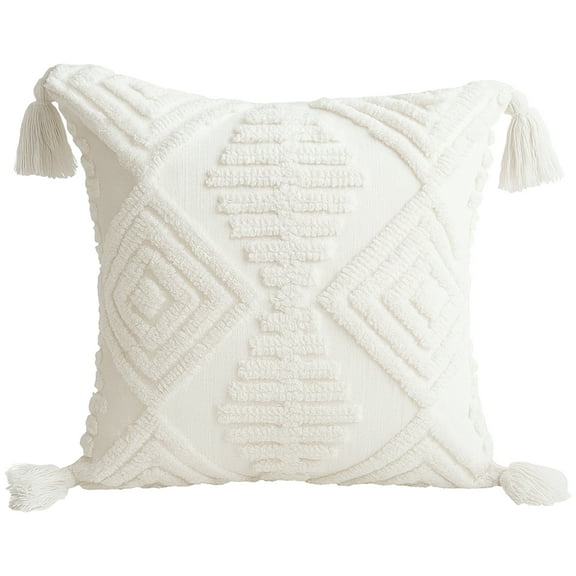 Nordic Style Plush Pillow Cover 17.7 x 17.7 in / 45 x 45 cm, White and Green Geometric Design with Tassels, Soft and Comfortable for Sofa, Bedroom, and Living Room, Versatile for All Seasons