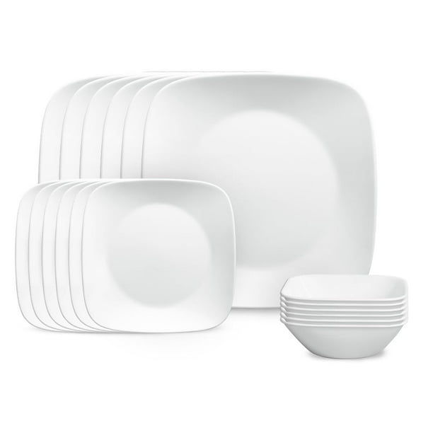 Corelle Vitrelle Juego De Vajilla Cuadrada De 18 Piezas Para 6 Personas Juego De Platos Y Tazones Cuadrados Livianos Resistentes Al Vidrio Y A Las Astillas De Triple Capa Blanco Puro