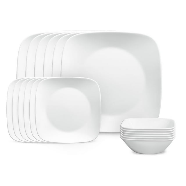 Corelle Vitrelle Juego De Vajilla Cuadrada De 18 Piezas Para 6 Personas Juego De Platos Y Tazones Cuadrados Livianos Resistentes Al Vidrio Y A Las Astillas De Triple Capa Blanco Puro