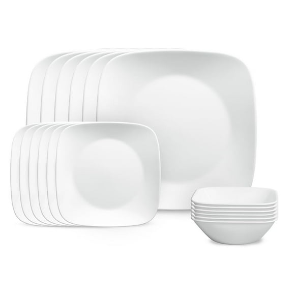 Corelle Vitrelle Juego De Vajilla Cuadrada De 18 Piezas Para 6 Personas Juego De Platos Y Tazones Cuadrados Livianos Resistentes Al Vidrio Y A Las Astillas De Triple Capa Blanco Puro